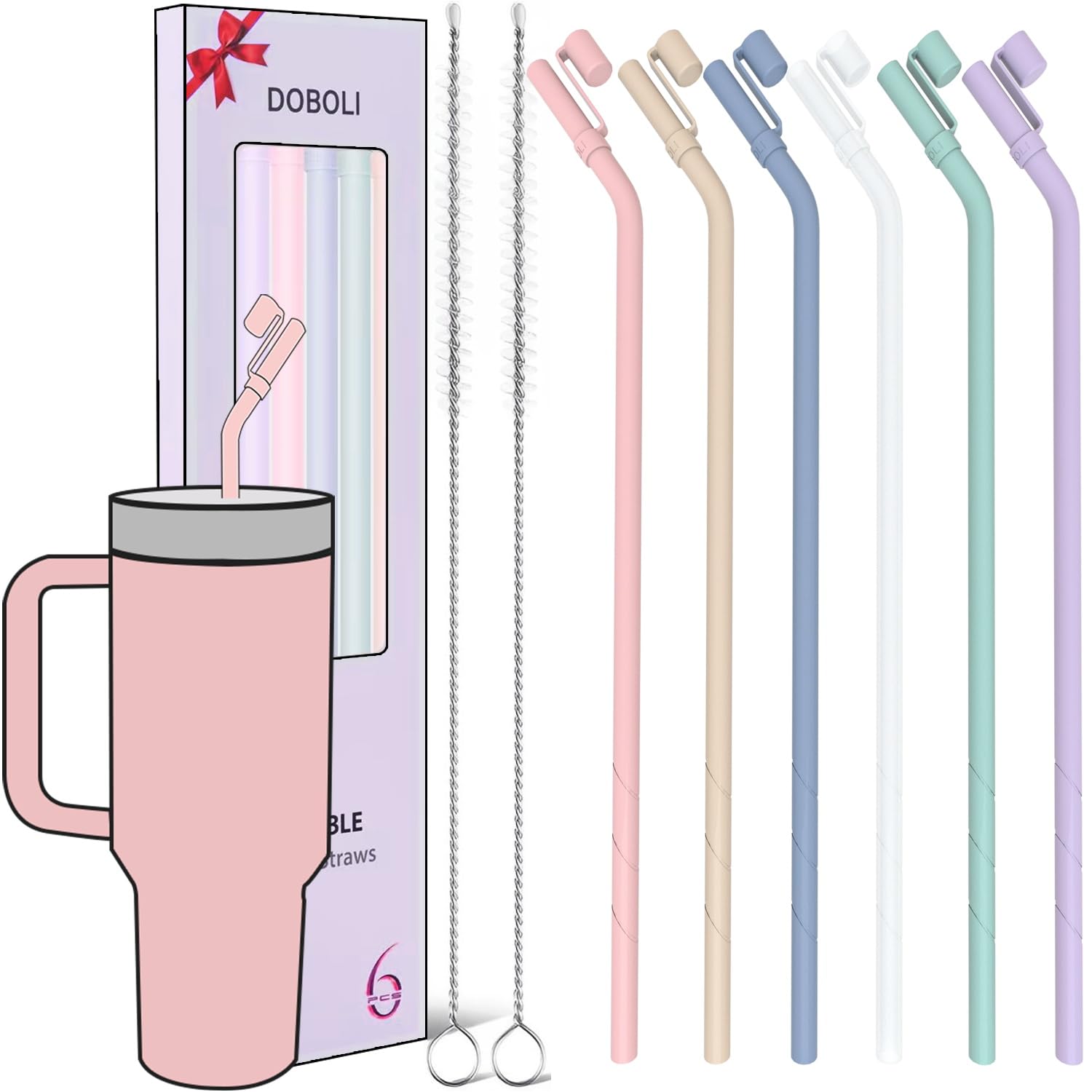 Pajilla de silicona Doboli de 13 pulgadas con tapa integrada para bebidas sin derrames.