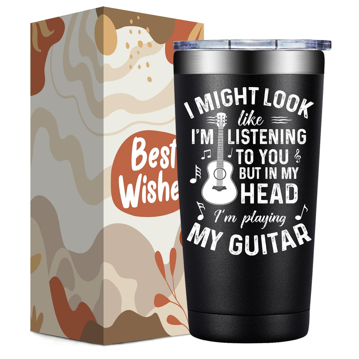 DOEARTE guitarra-taza-20oz mantiene la bebida a temperatura durante la práctica.