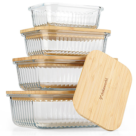 dokaworld Conjunto de vidrio estriado con tapas de bambú para almacenamiento práctico.