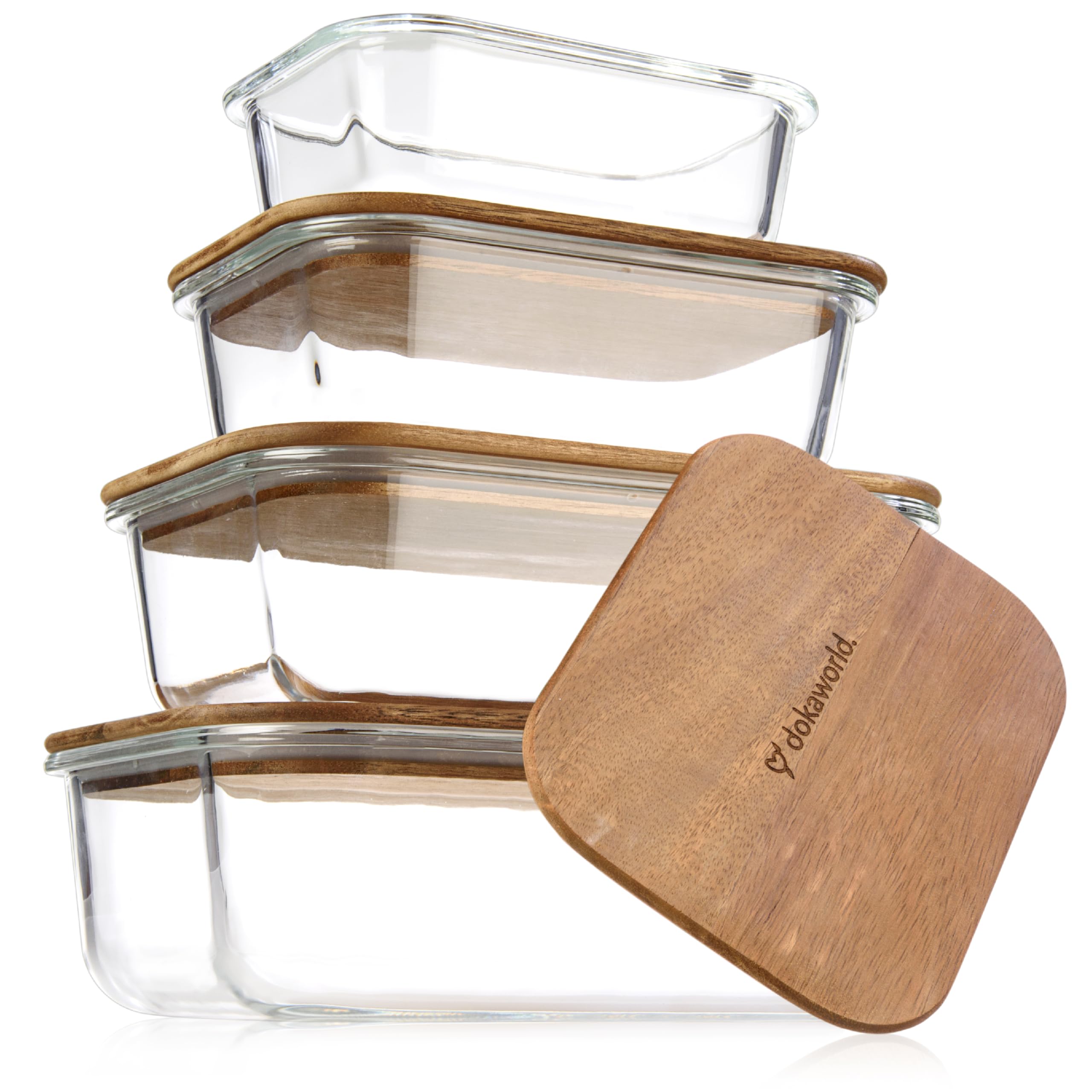 Dokaworld-tupperware de vidrio con tapa de acacia, apilable para estanterías ordenadas.
