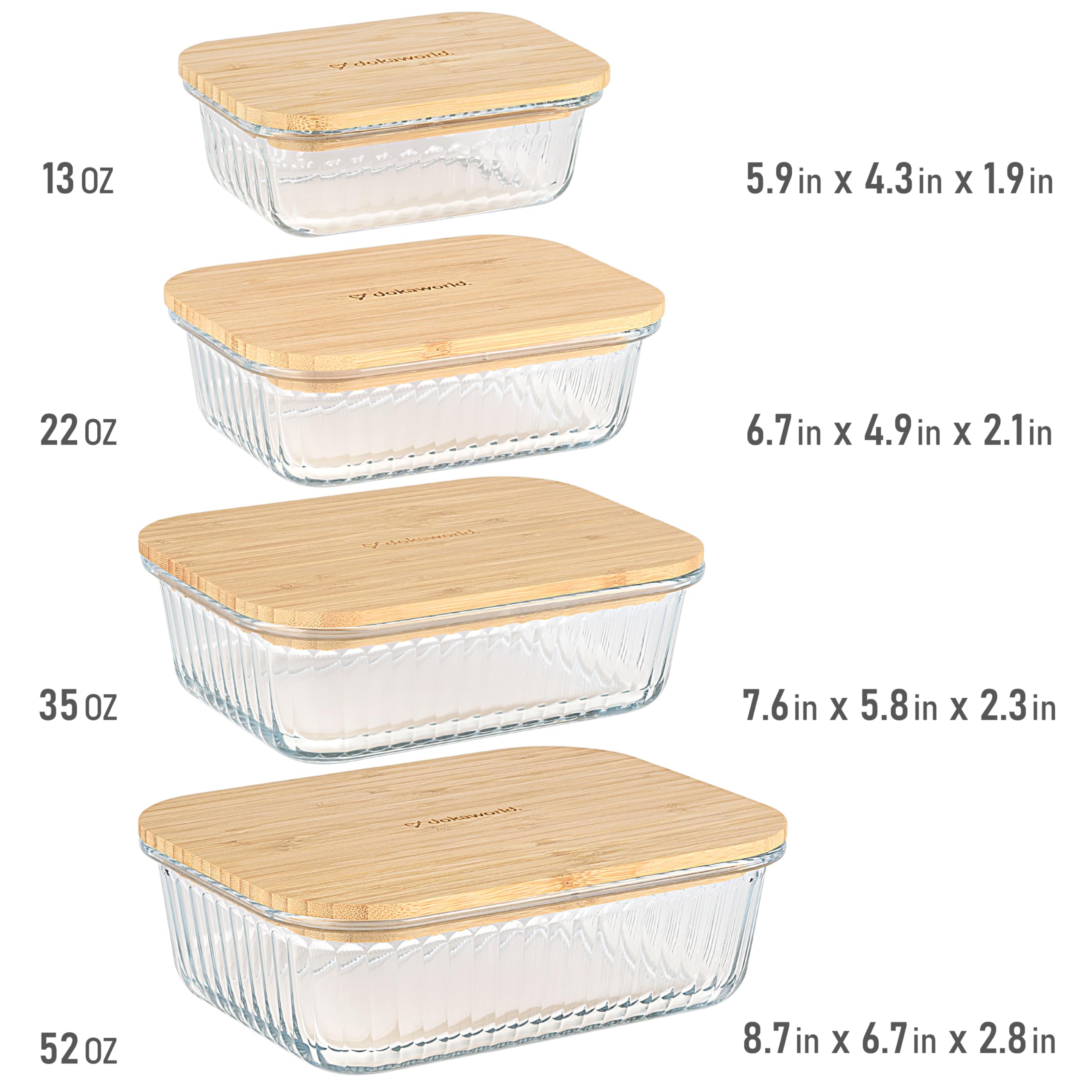 dokaworld Unidades apilables de vidrio en 13oz, 22oz, 35oz y 52oz para la preparación de comidas.