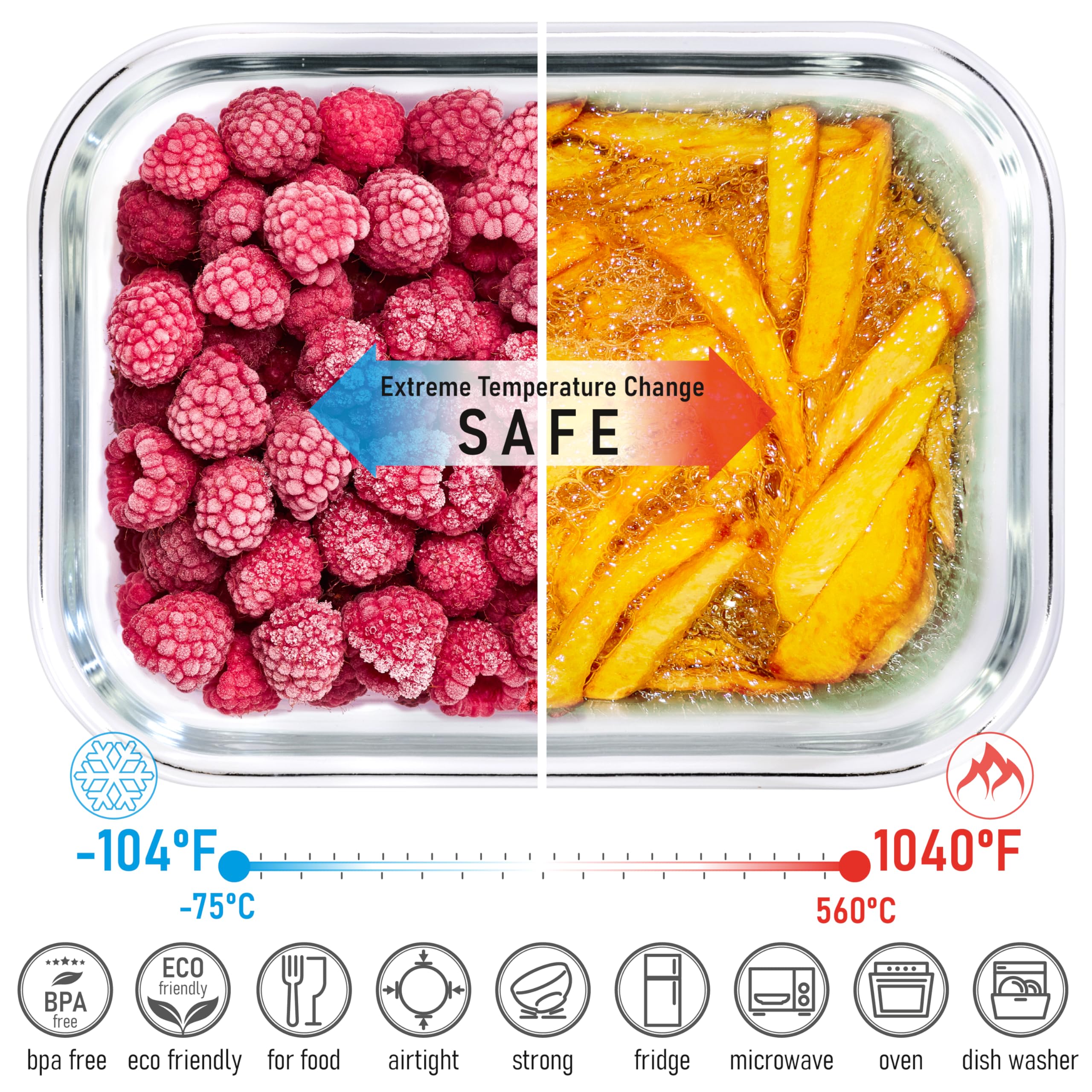 Dokaworld-vidrio resistente apto para horno y congelador, uso versátil.