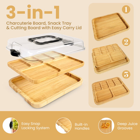 Dolce Casa bandeja portable de bambu con tapa, ideal para picnic.