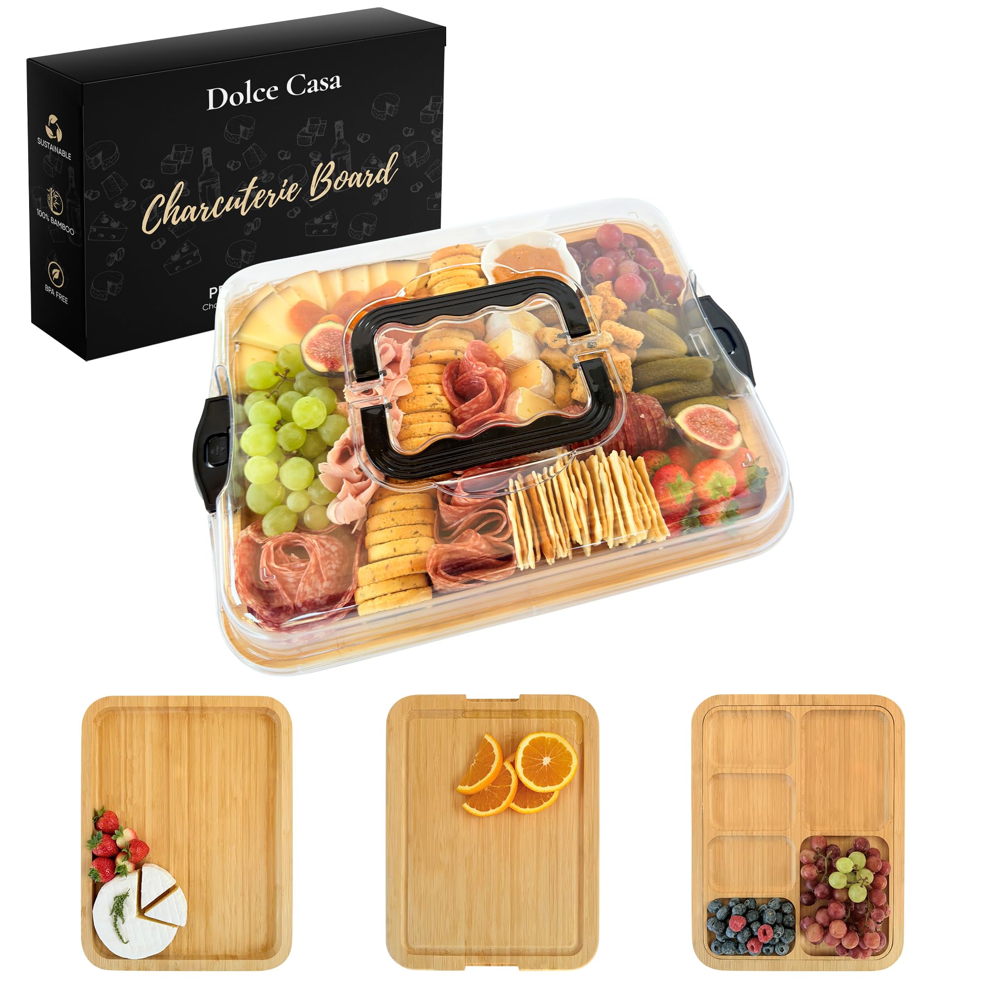 Dolce Casa tablero charcuteria con tapa y asa para transporte facil y elegante.