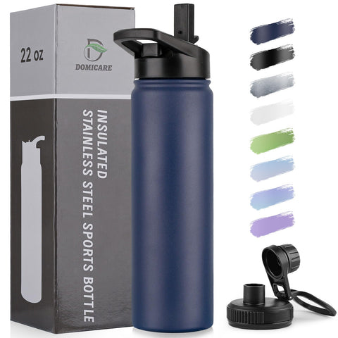 Botella DOMICARE aislada 22oz navy, exterior resistente para uso diario al aire libre.