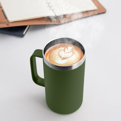 Taza DOMICARE de acero inoxidable con doble pared para mantener temperatura.