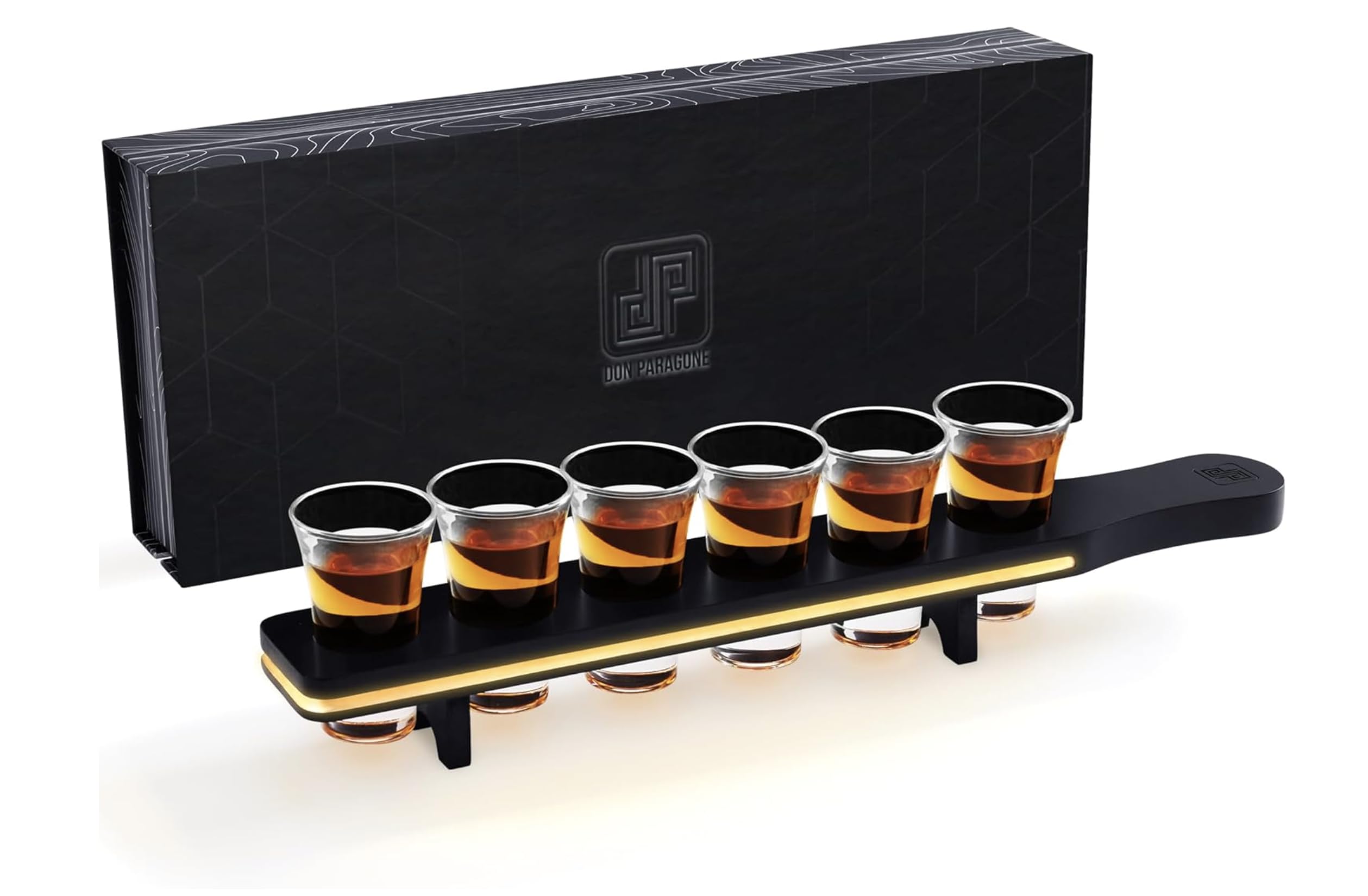 Don Paragone: bandeja LED con 6 vasos chupitos, ideal para fiestas.