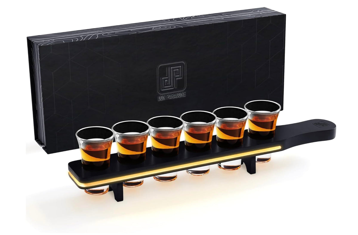 Don Paragone: bandeja LED con 6 vasos chupitos, ideal para fiestas.