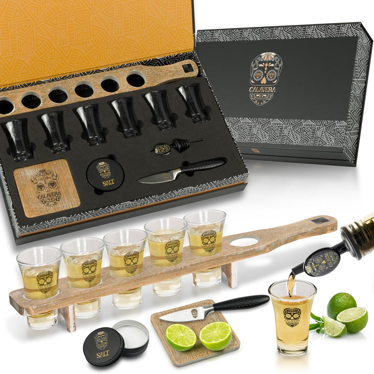 Don Paragone Calavera tablero-tequila: base elegante para degustaciones en casa.