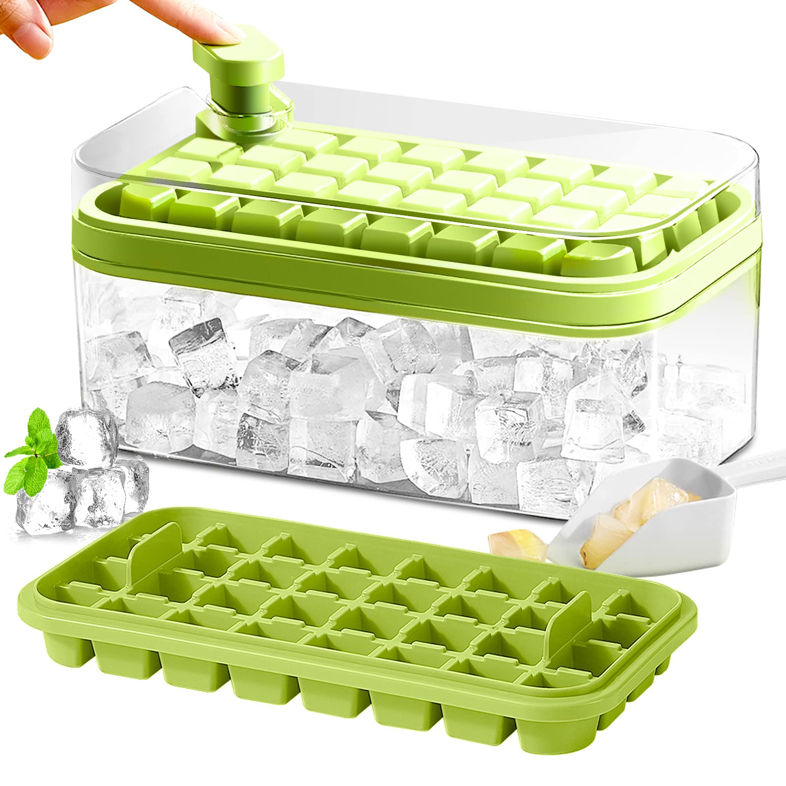 DoOnly bandeja de hielo con tapa y cesto verde, liberación rápida de cubos.