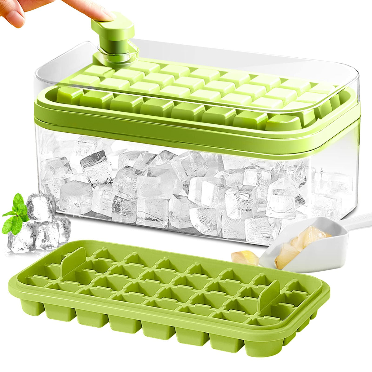 DoOnly bandeja de hielo con tapa y cesto verde, liberación rápida de cubos.
