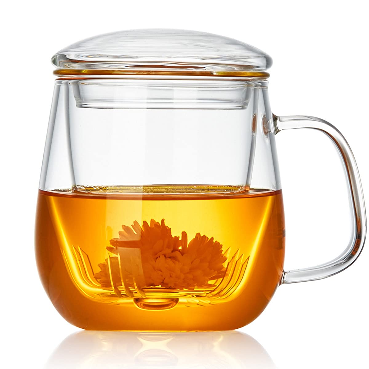 Taza de té DOPUDO con infusor de vidrio; observa la infusión y color.