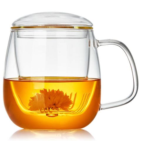 Taza Dopudo grande de vidrio borosilicato con infusor y tapa para infusiones aromáticas.