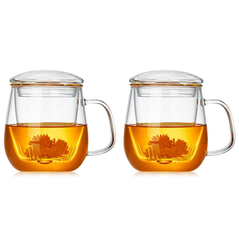 Taza DOPUDO de vidrio 2-pack con infusor y tapa, ideal para infusiones en la oficina.