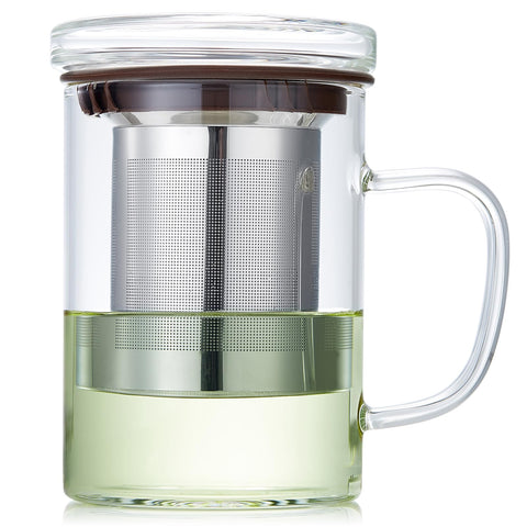 Taza DOPUDO de vidrio 400 ml con infusor y tapa, ideal para té suelto.