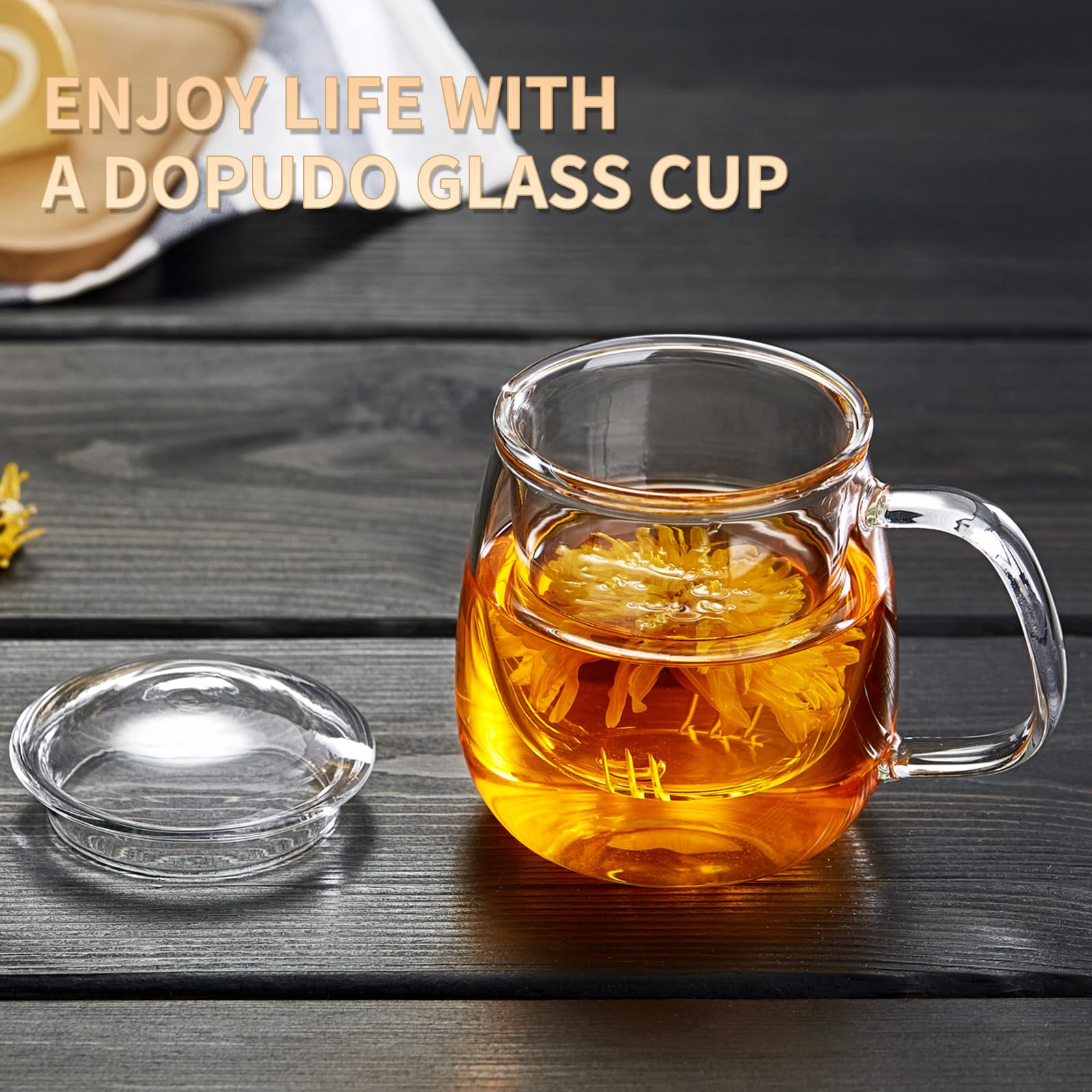 Taza Dopudo de vidrio transparente para observar la infusión y mantener el calor.