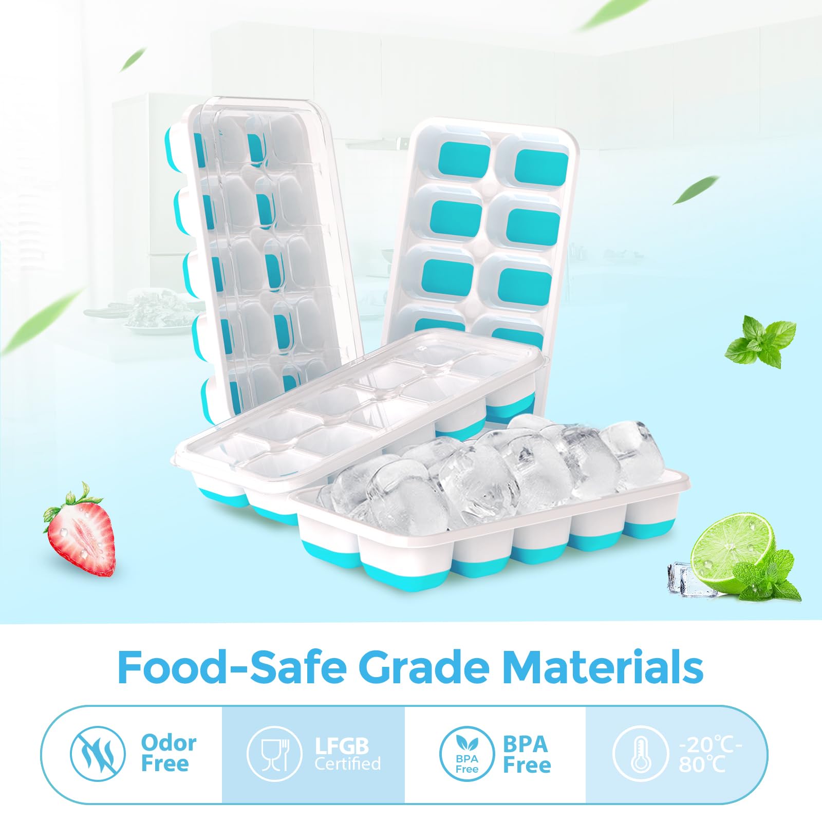 DOQAUS cubiteras hielo con tapas y pestañas elevadoras para manejo cómodo.