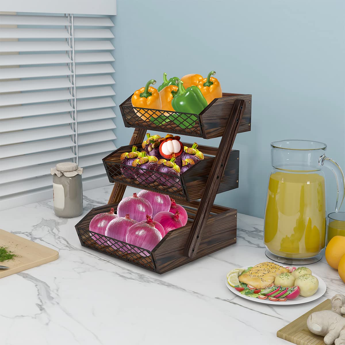 Dorhors Bandeja de frutas para contador, madera y malla que favorece la ventilación