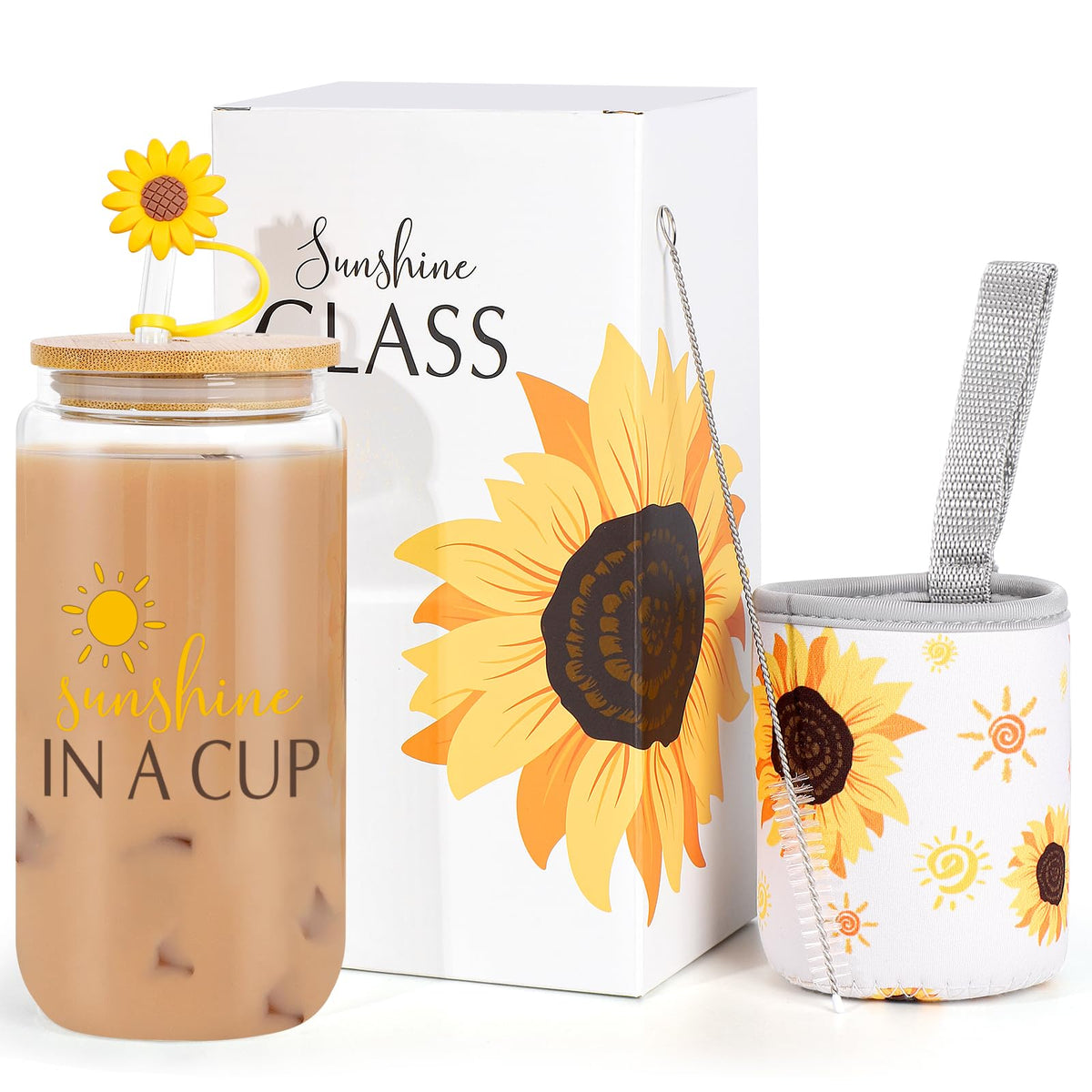 Vaso Dosuarue de vidrio con girasol, 16 oz, tapa y pajilla, para bebidas frías.