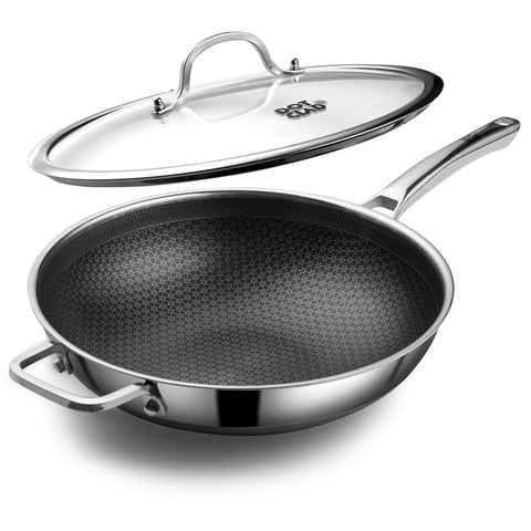 DOTCLAD Wok Pan detalle láser-nieve: superficie dual antiadherente para cocinar con menos aceite.