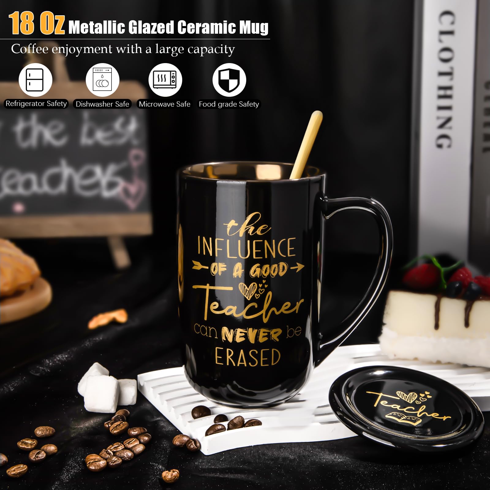 Doublewhale taza cerámica con cuchara dorada, regalo elegante para docentes.