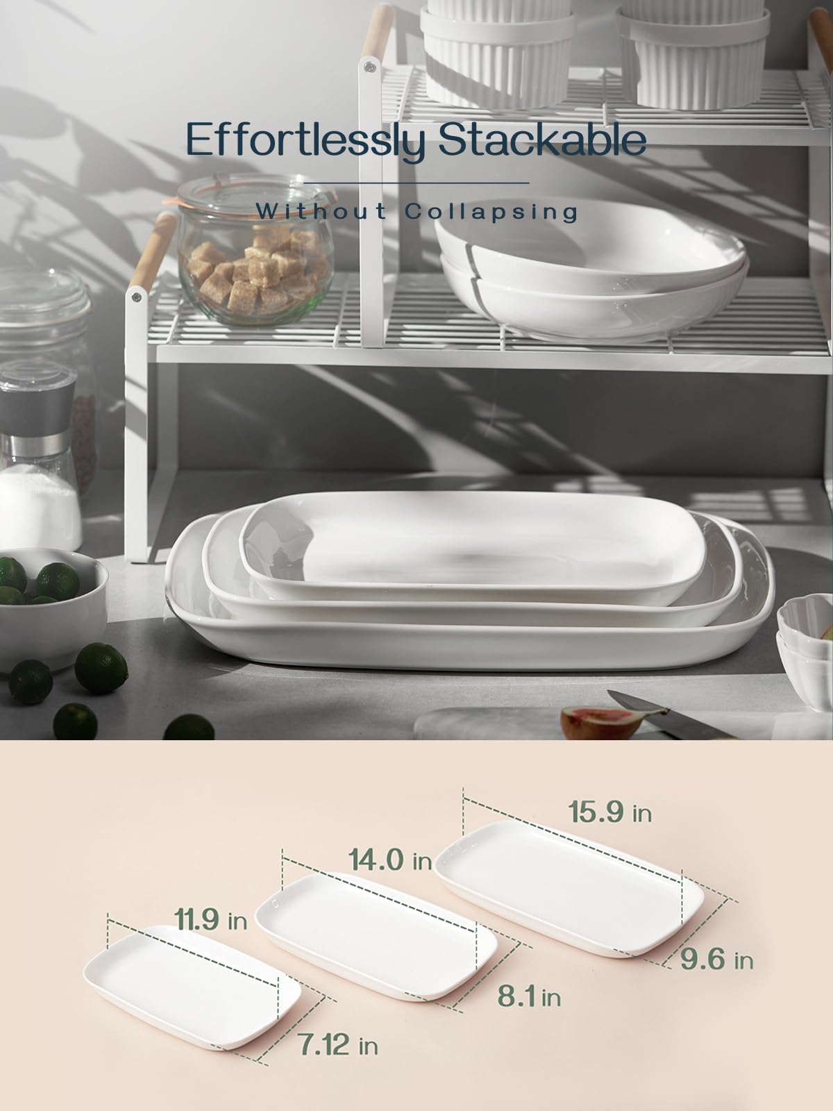 Dowan plato rectangular blanco brillante para servir y decorar en cualquier ocasión.