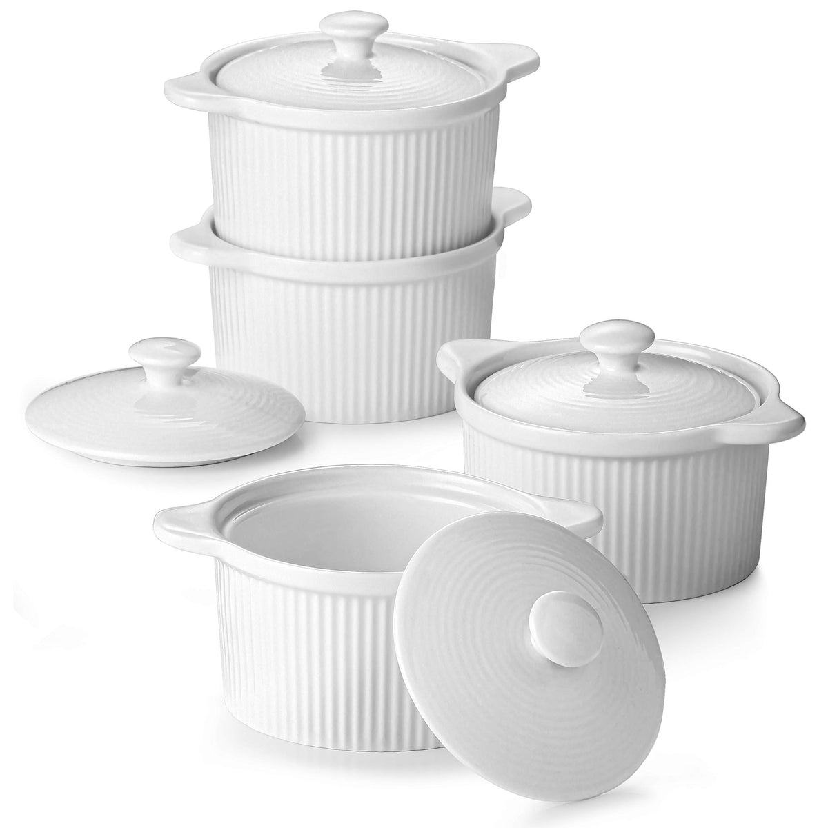 Ramequines DOWAN 7 oz con tapas, ideal para porciones y presentación elegante.