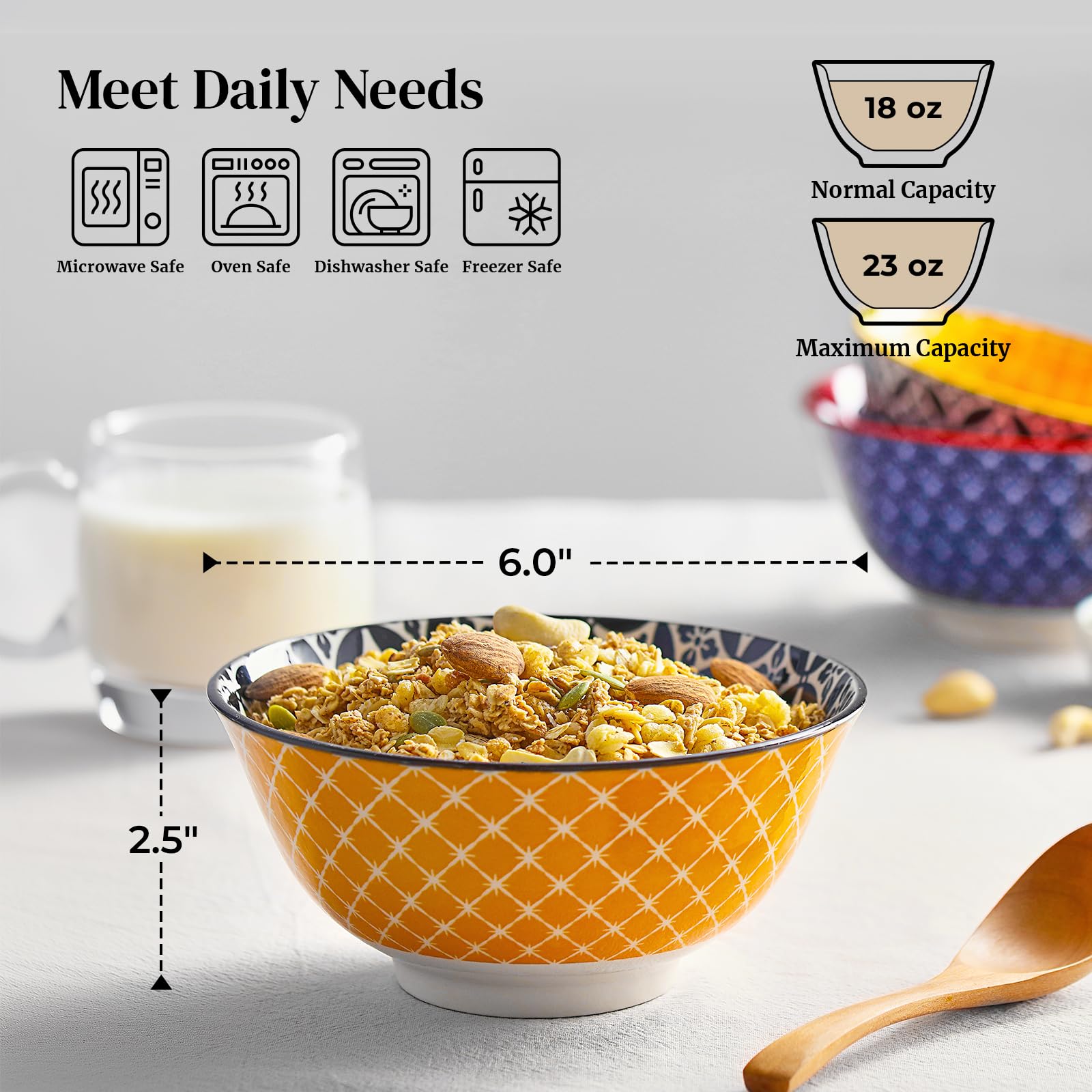 Dowan tazones cereal-23oz ceramica vibrantes para desayuno y merienda.