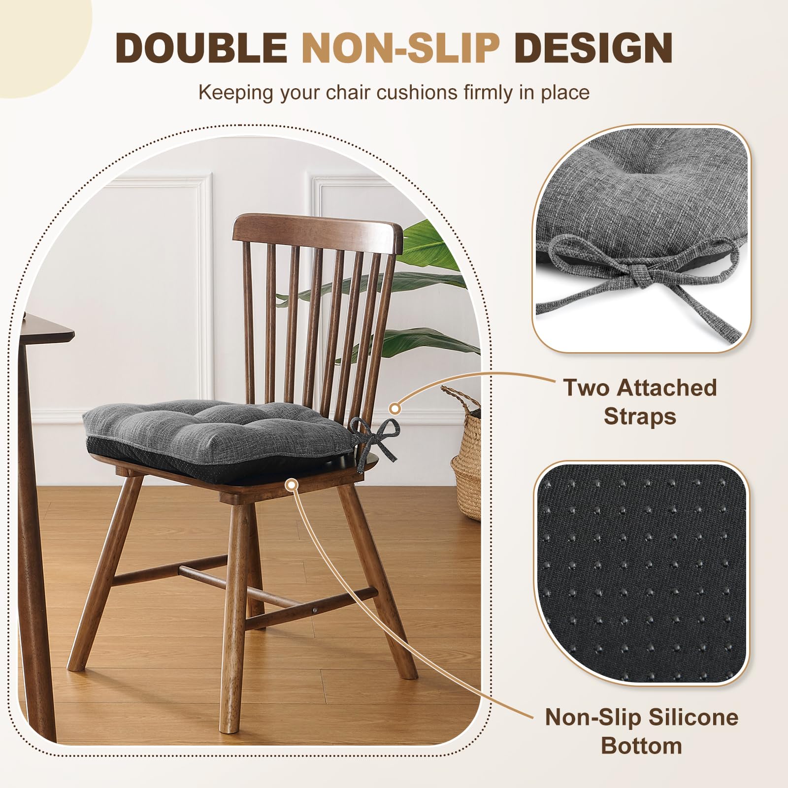 Cojín downluxe con cintas para atar mantiene el asiento en su lugar.