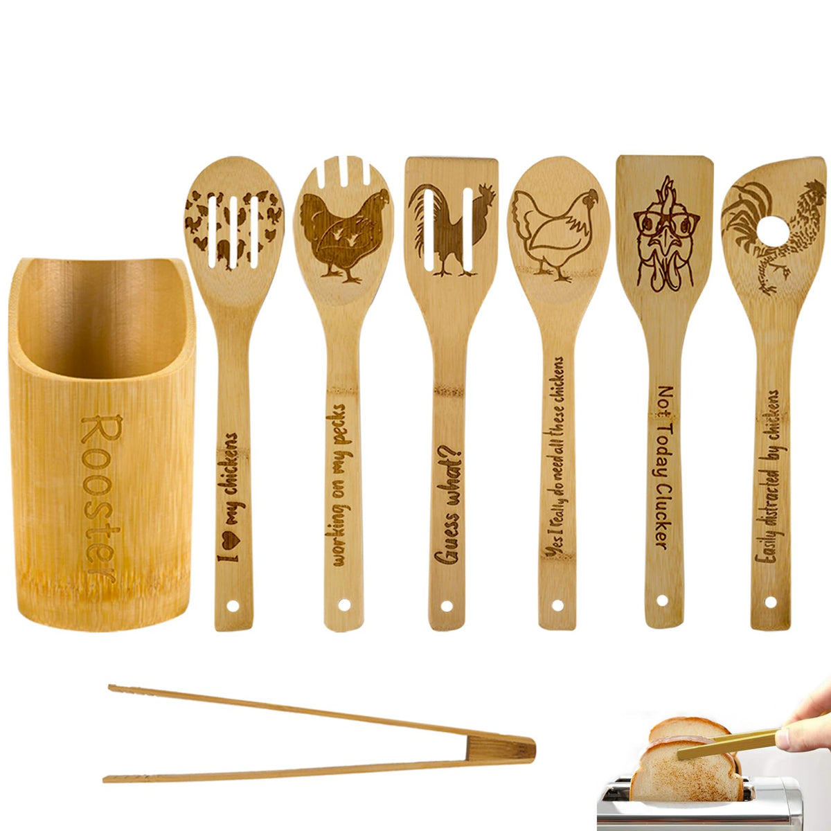 DoYoMo cucharas madera con gallo en conjunto, ideales para cocinar con gusto rústico.