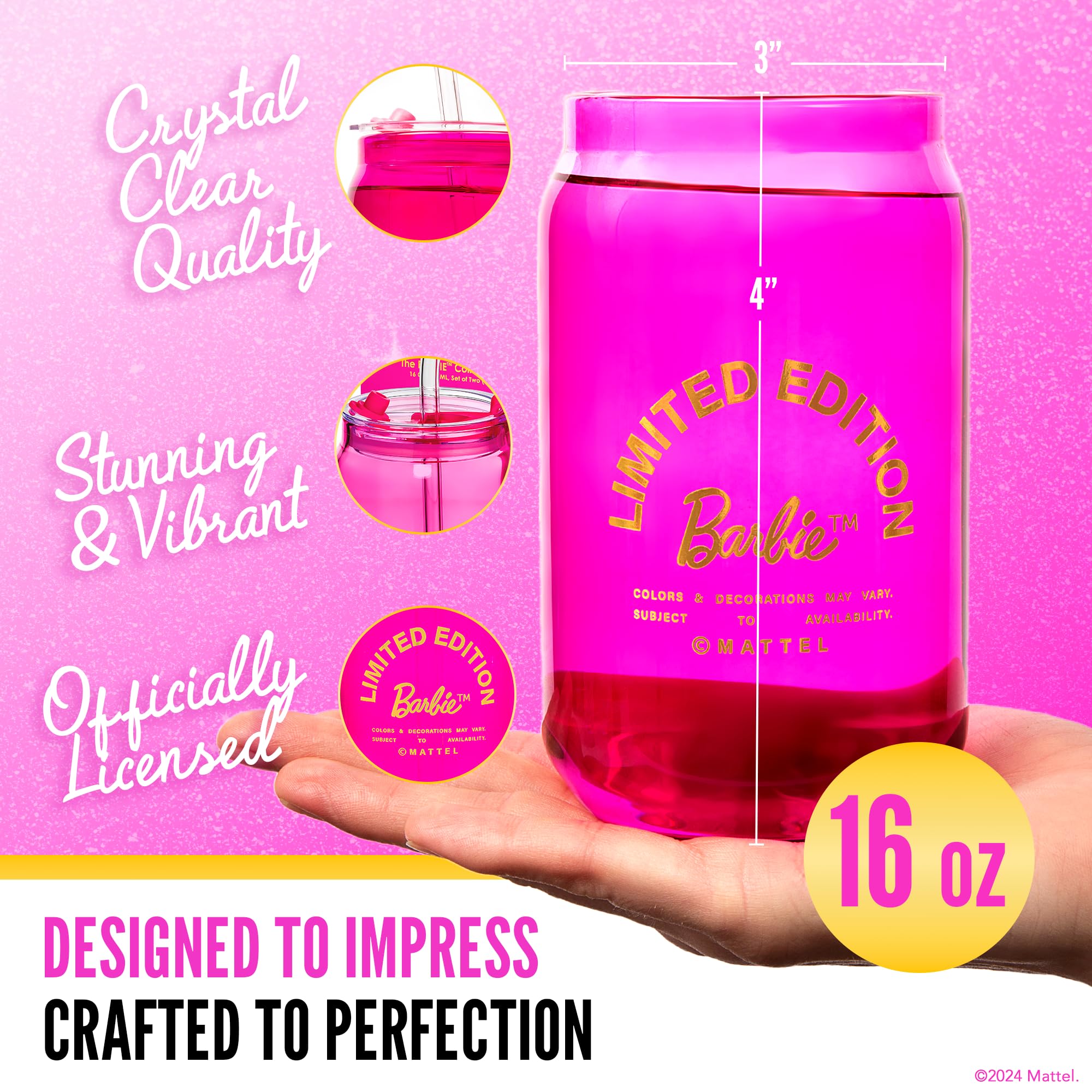 Vaso magenta Dragon Glassware Barbie con tapa, perfecto para bebidas frías.