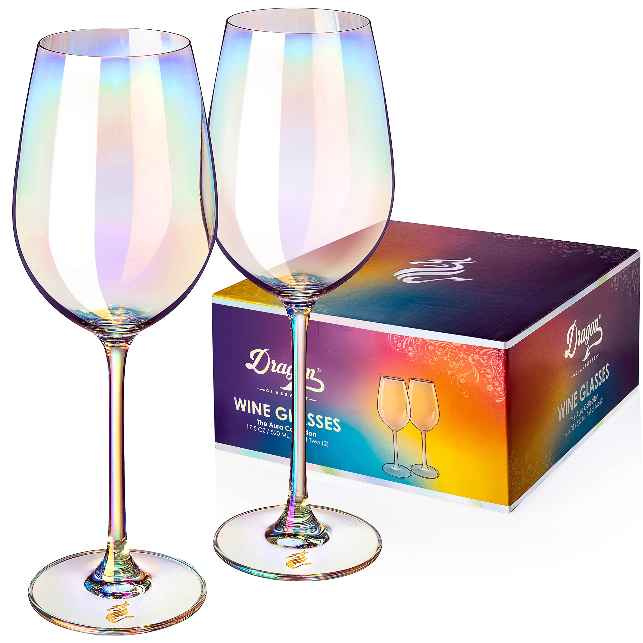 Dragon Glassware copa de vino iridiscente 17.5oz vista frontal destacando brillo