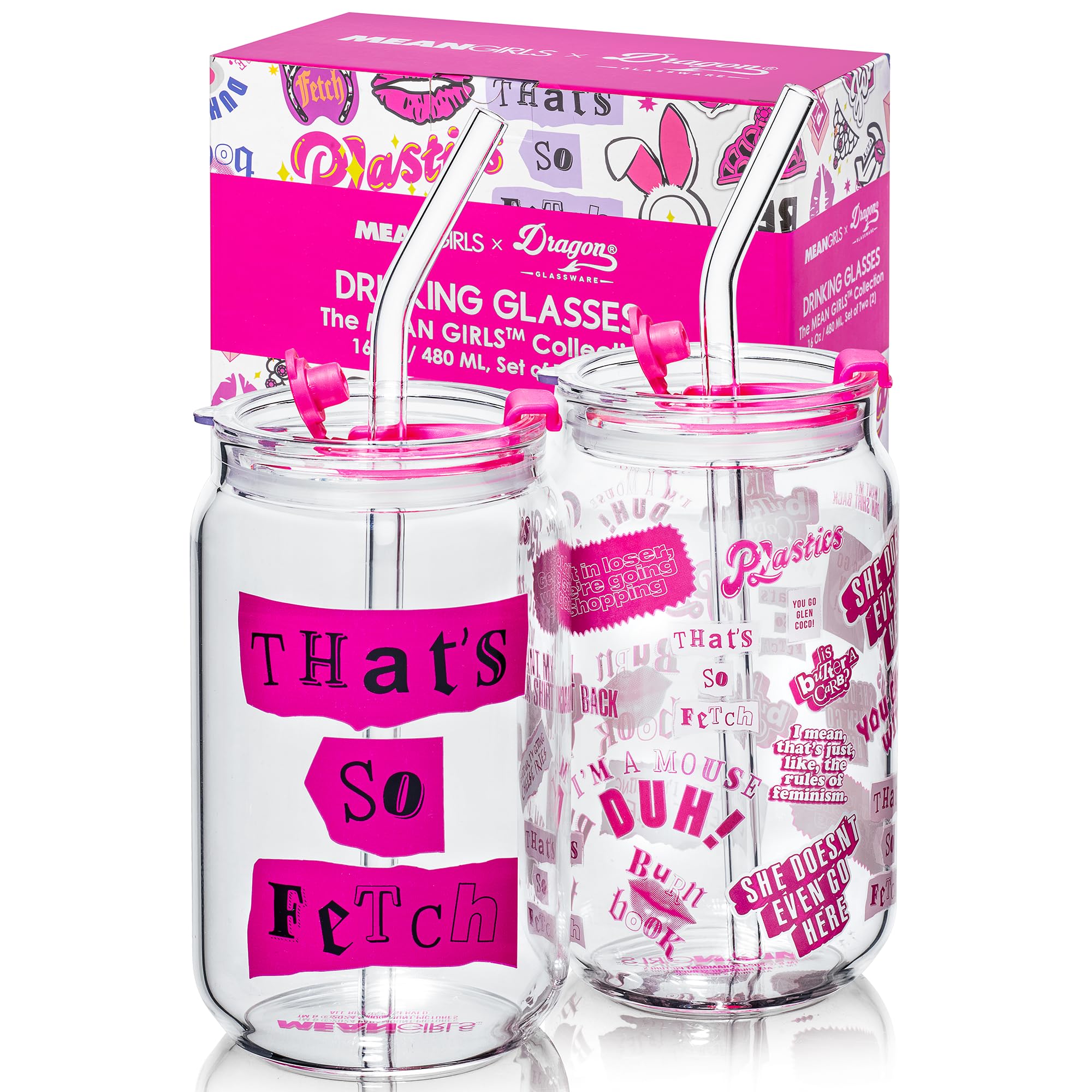 Dragon Glassware Mean Girls vaso vidrio 16 oz con tapa y pajilla para café frío