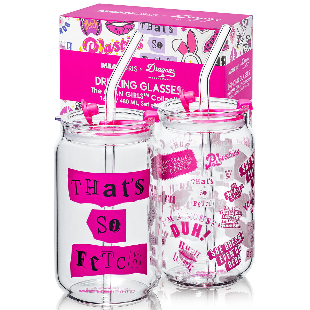 Dragon Glassware Mean Girls vaso vidrio 16 oz con tapa y pajilla para café frío