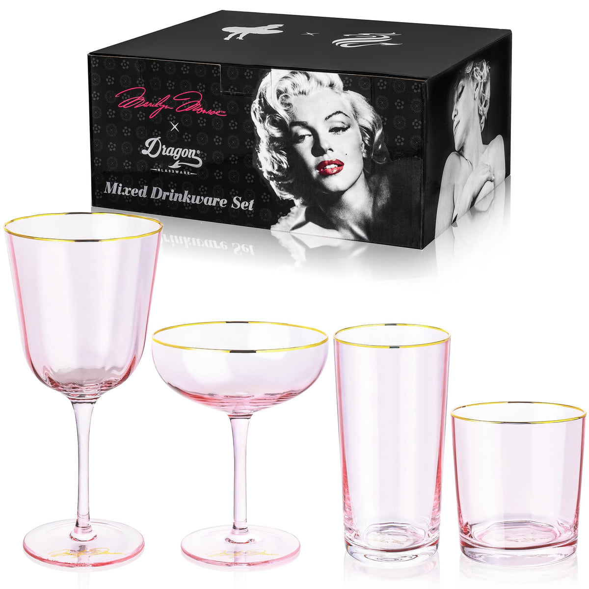 Dragon Glassware: vaso de vino rosa con borde dorado, ideal para cenas elegantes