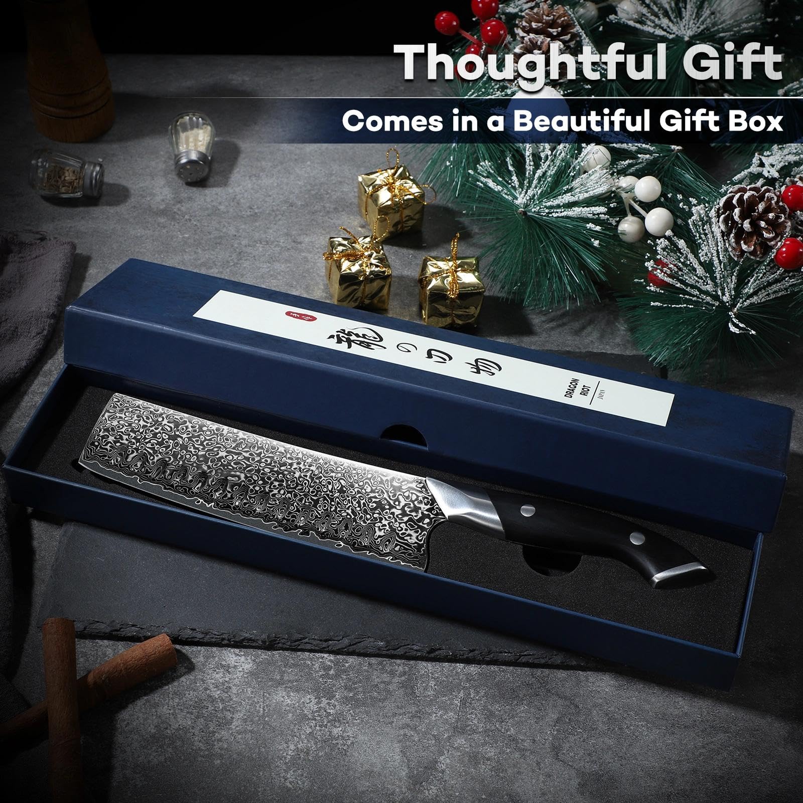 DRAGON RIOT Nakiri: diseño damascado de alto nivel premium para limpieza fácil y estética.