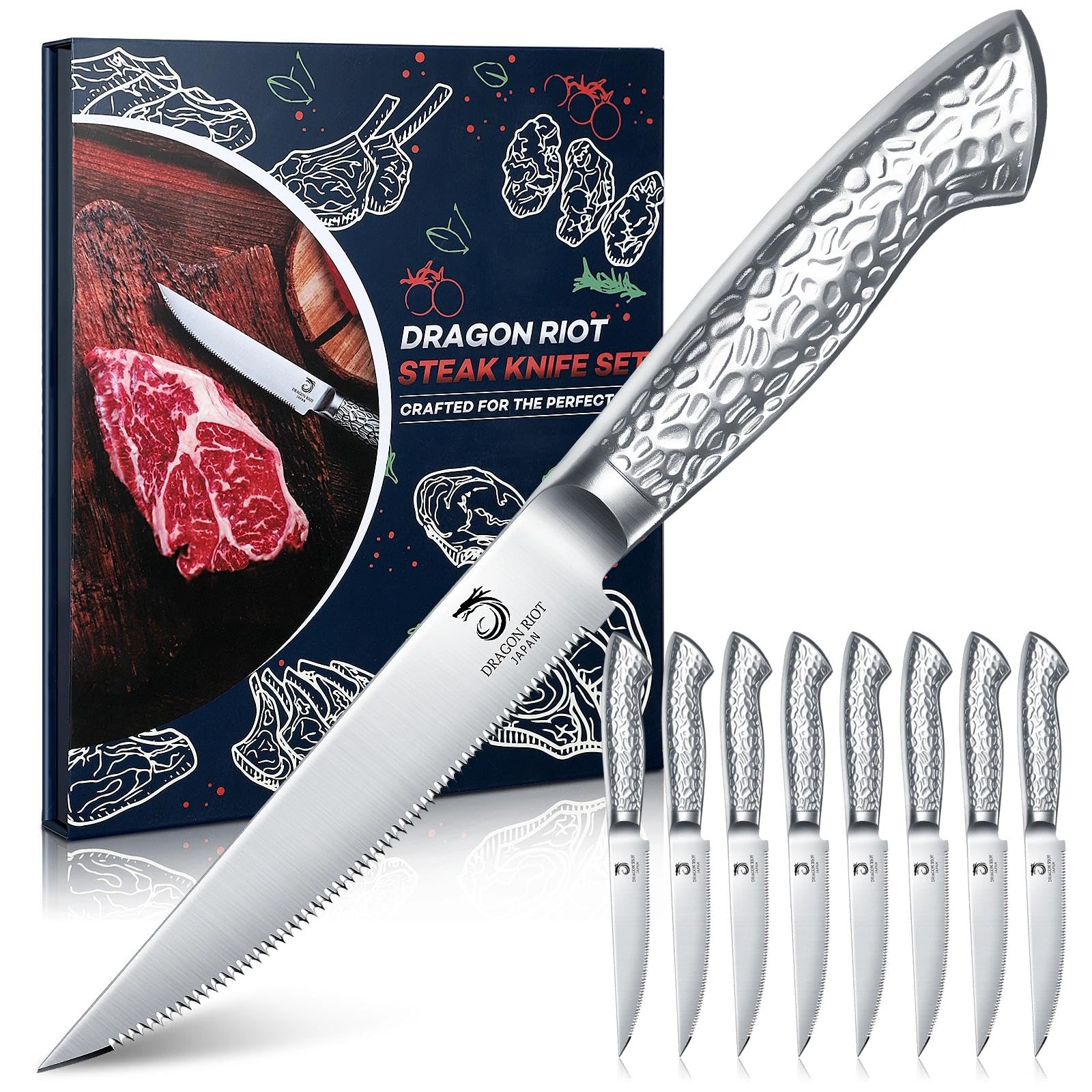 DRAGON RIOT cuchillos de steak 8 piezas con filo serrado para cortes limpios
