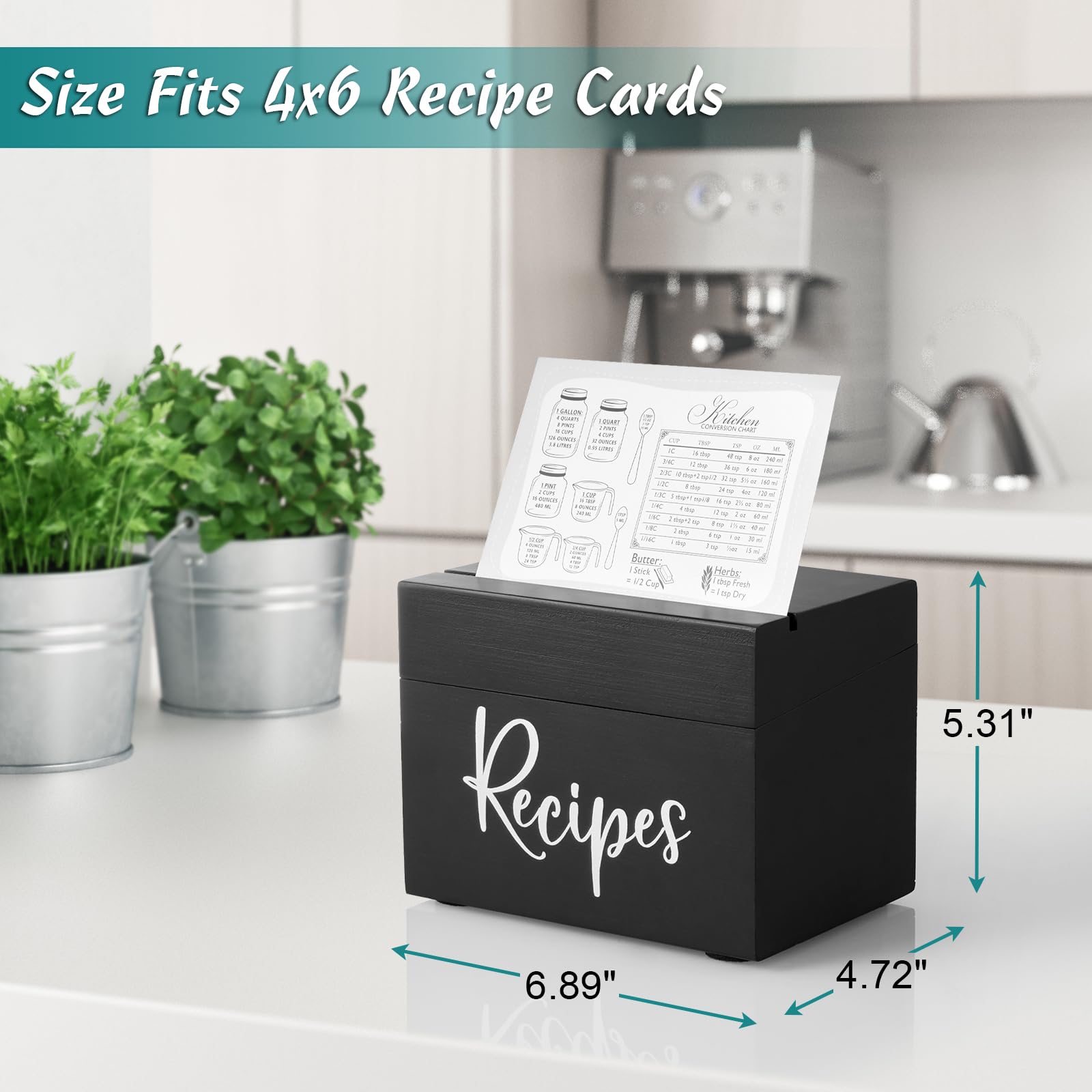 DraSTAR caja de recetas en madera negra, lateral, diseño compacto para ahorrar espacio.