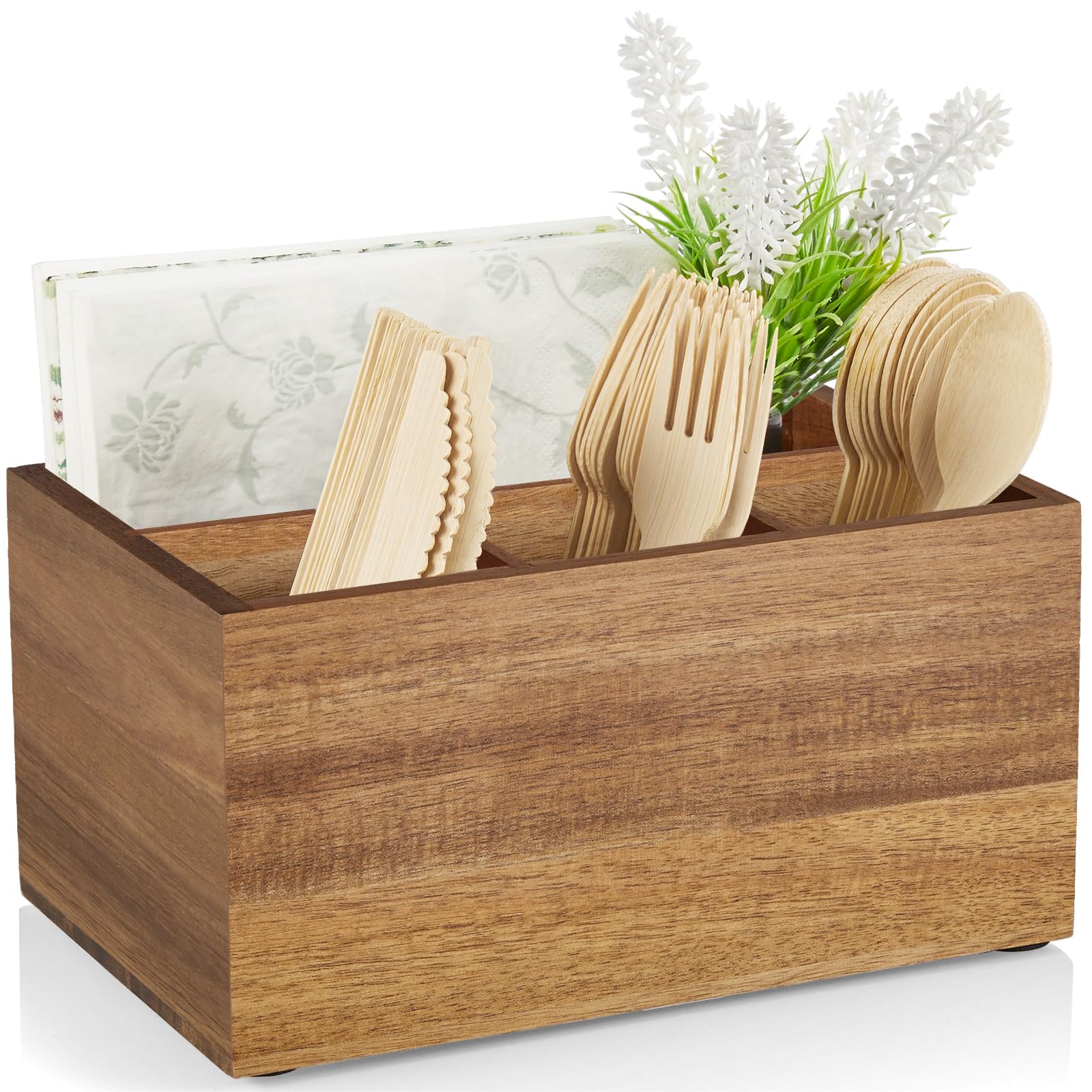 DRASTAR Utensil Caddy en acacia, frontal; organiza cubiertos con estilo en la mesa.