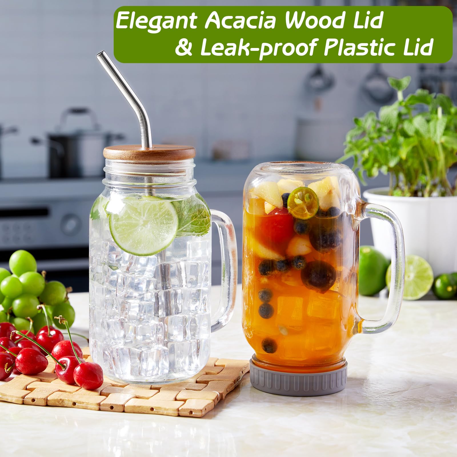 Vaso Mason Jar DraSTAR 24oz con tapa de acacia para servir y conservar