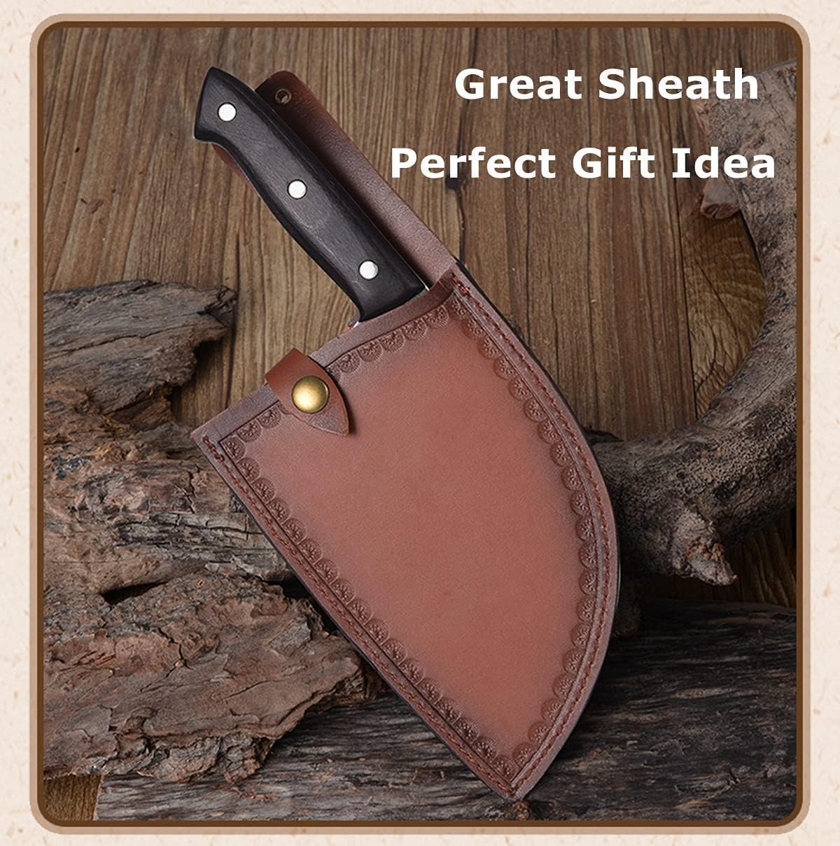 Dream Reach Almasi cuchillo con funda de cuero para transporte en exteriores