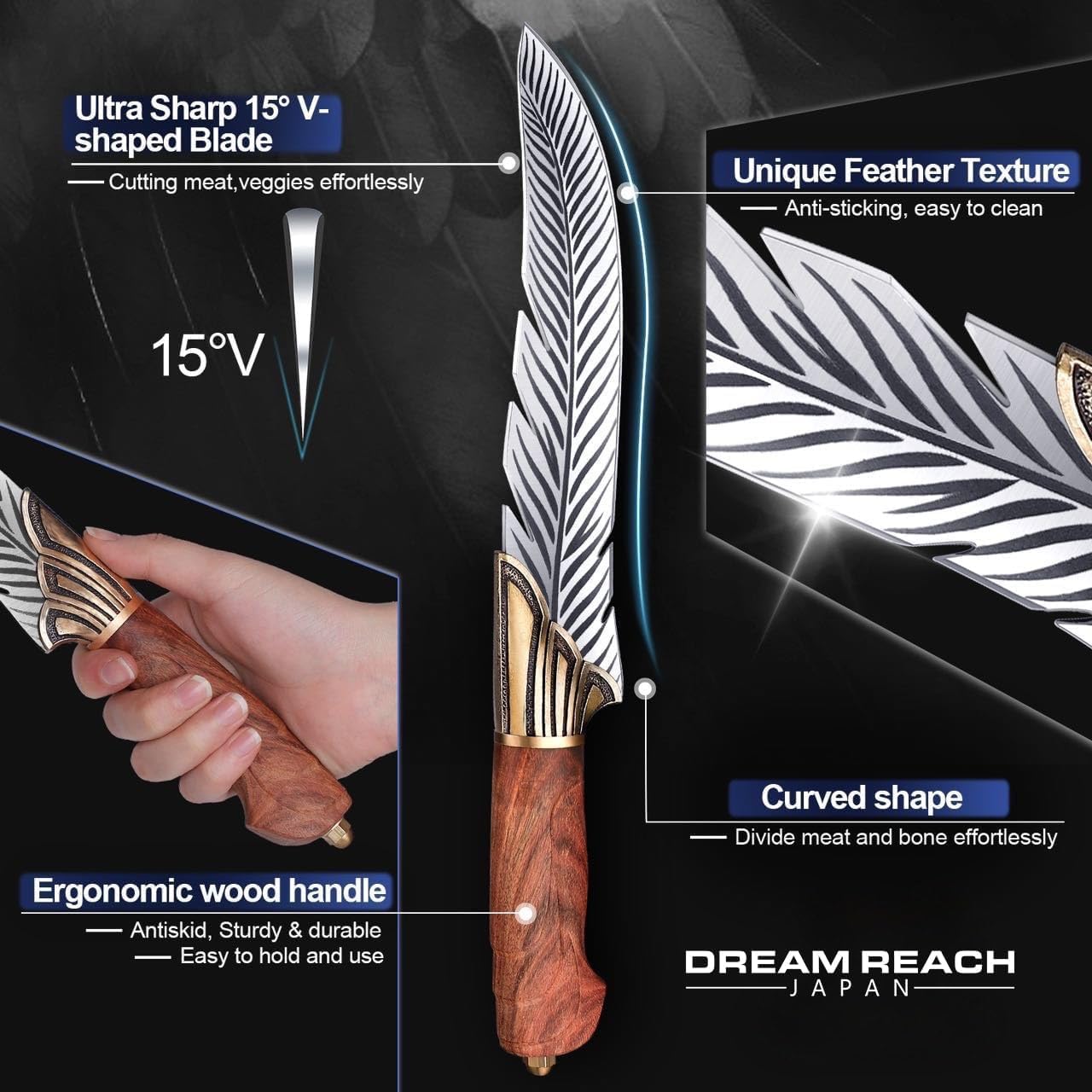 Dream Reach cuchillo pluma, mango bronce con detalle para agarre cómodo.