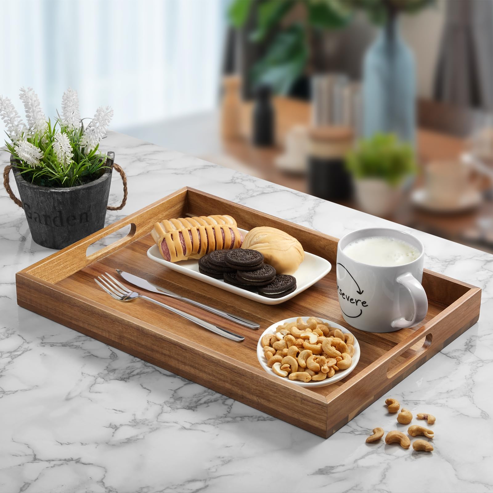 dreamkey bandeja de acacia para desayuno en la cama, elegante y funcional