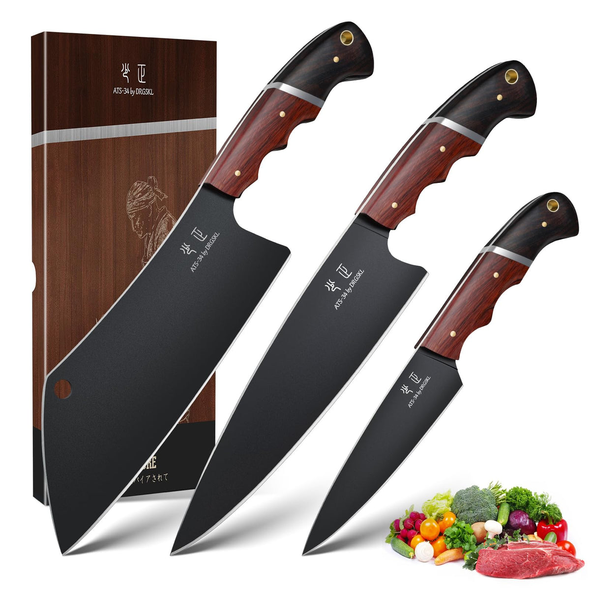 DRGSKL set de cuchillos japoneses 3 piezas, filo preciso para la cocina diaria.