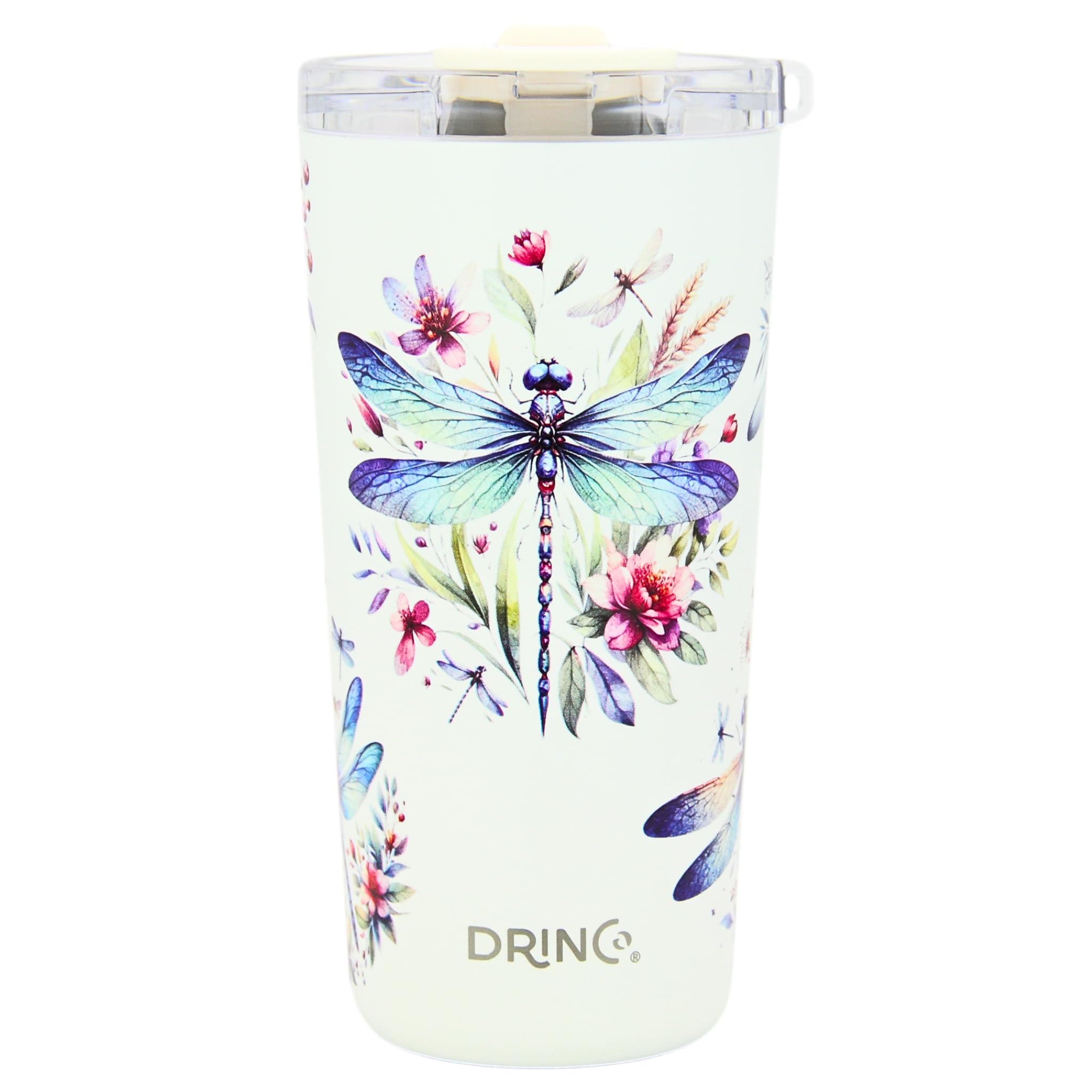Drinco tumbler 20oz en acero inoxidable con tapa transparente para bebidas calientes o frías.