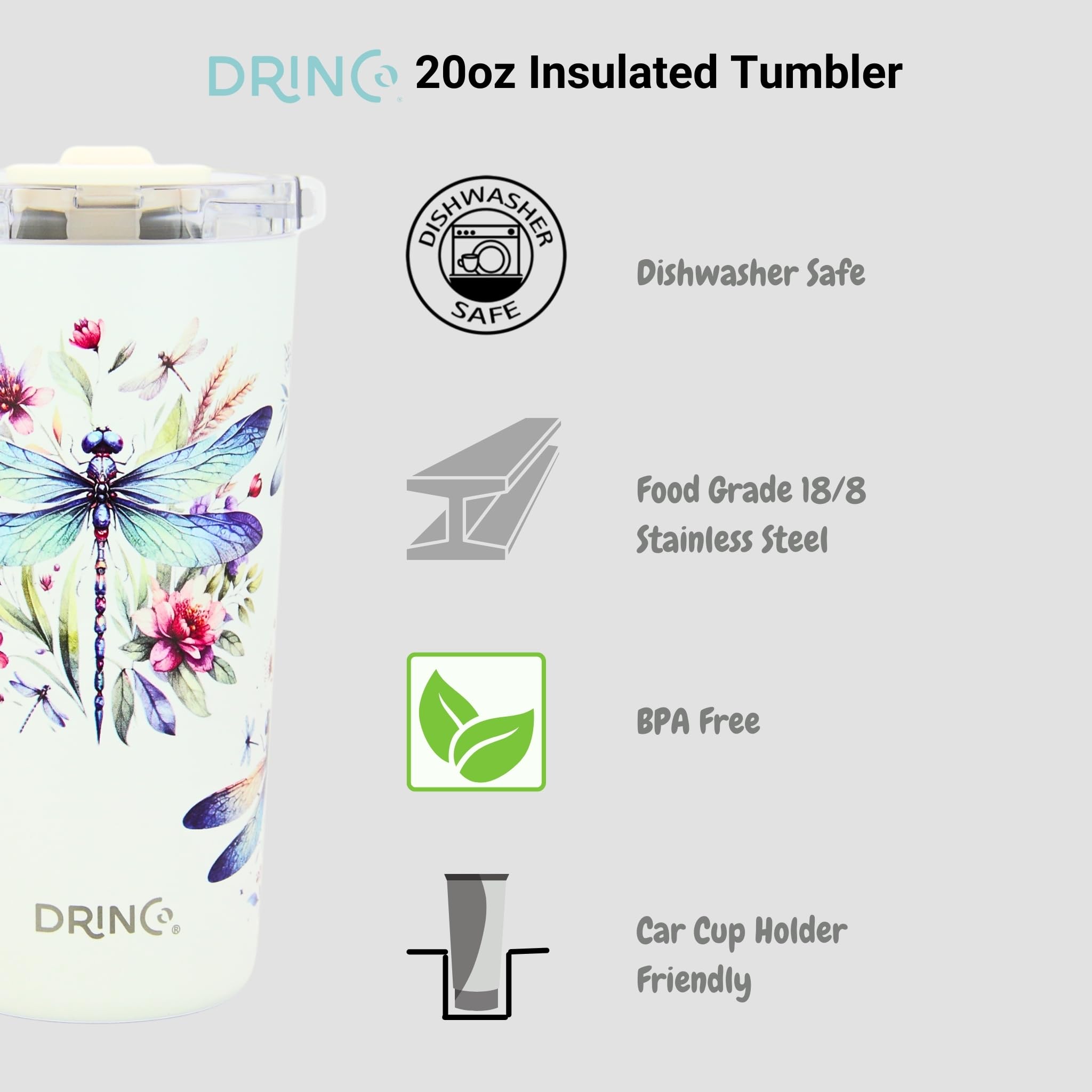 Drinco tumbler con tapa anti-salpicaduras para viajar con confianza.