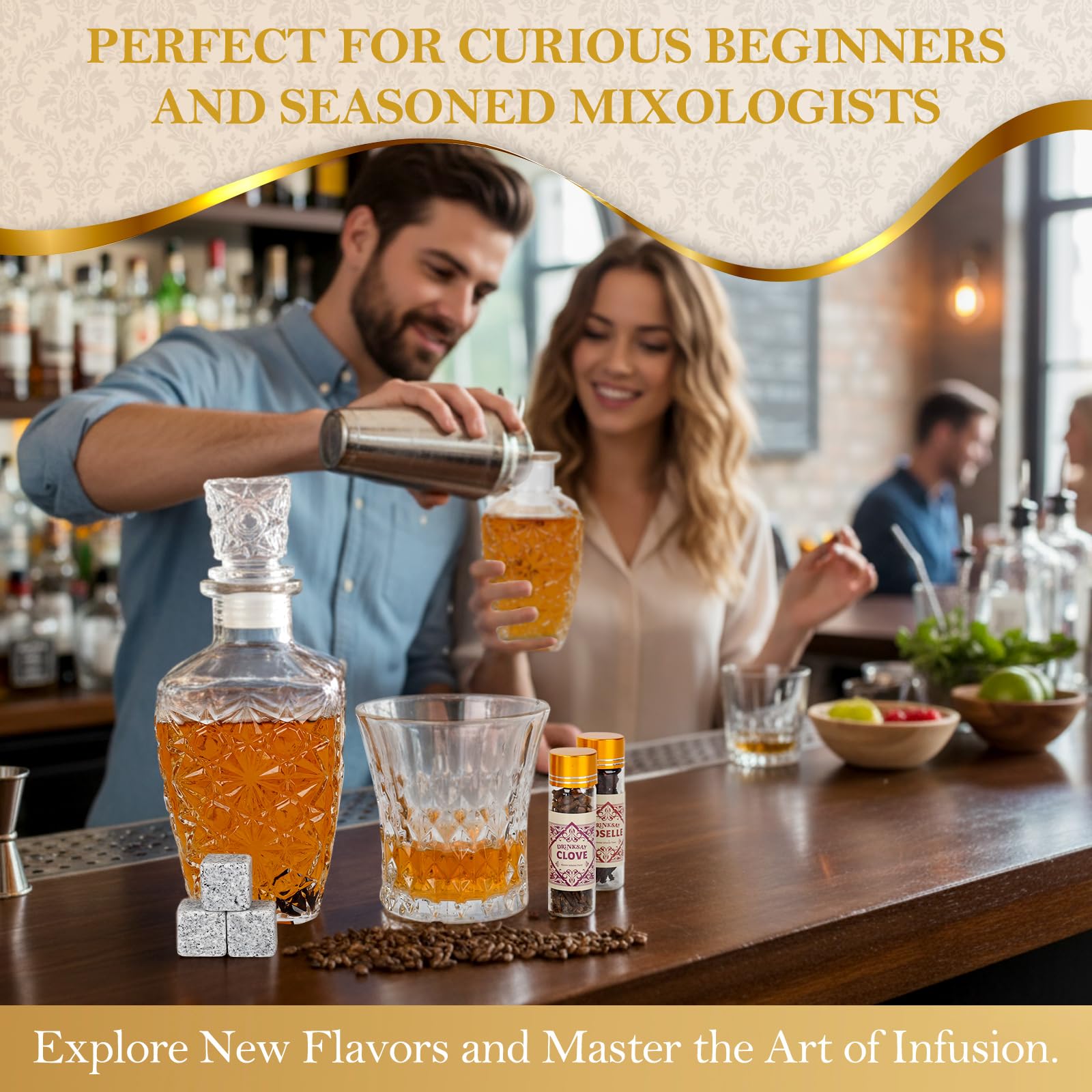 DrinkSay herramientas para infusión: tamiz, embudo y etiquetas para organizar.