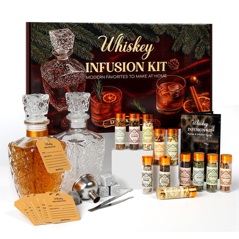 DrinkSay kit de infusión de whisky con botellas de cristal para crear licores personalizados.