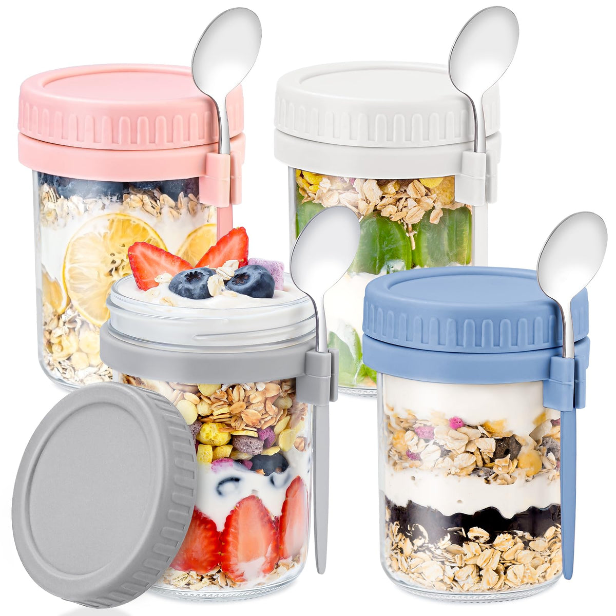 DRKIO: conjunto de 4 frascos de vidrio con tapas y cucharas, ideal para avena nocturna
