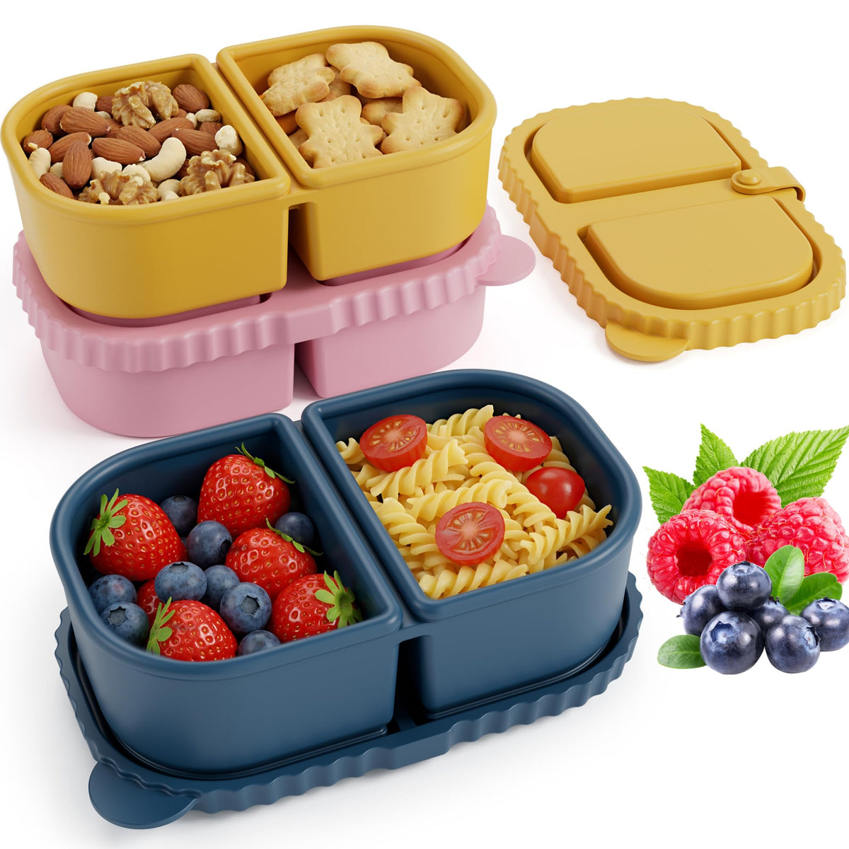 DRNKNSTX conjunto de contenedores para meriendas con dos compartimentos y tapas coloridas, ideal para separar salsas.